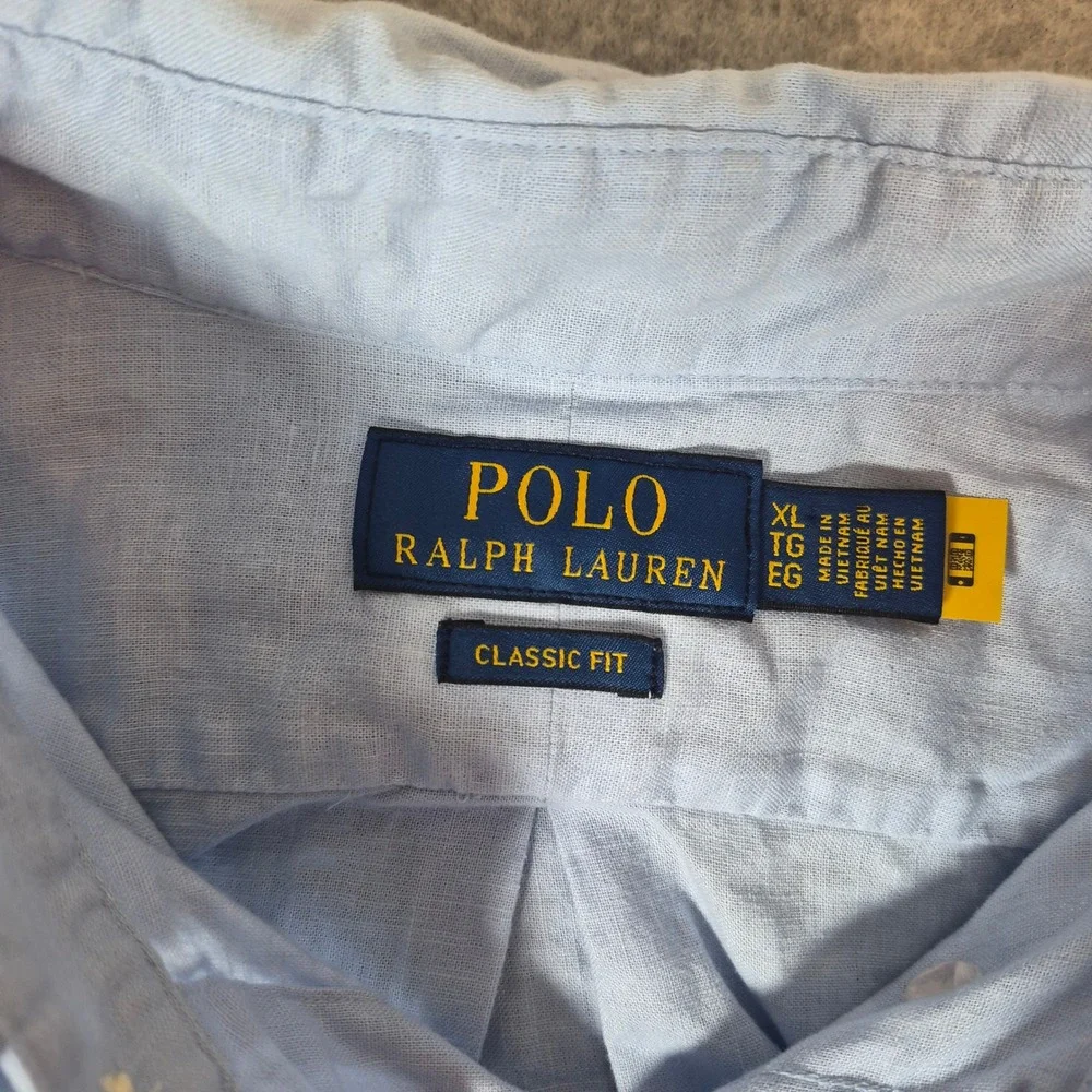 Polo Ralph Lauren Button Down Shirt Mens XL Light Blue Linen Blend Short Sleeve